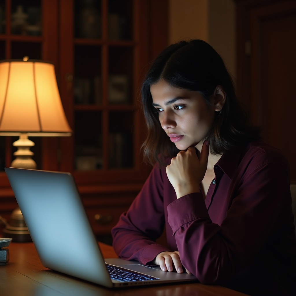Young professional staring at a laptop screen with a thoughtful, slightly tense expression in a warm-lit office