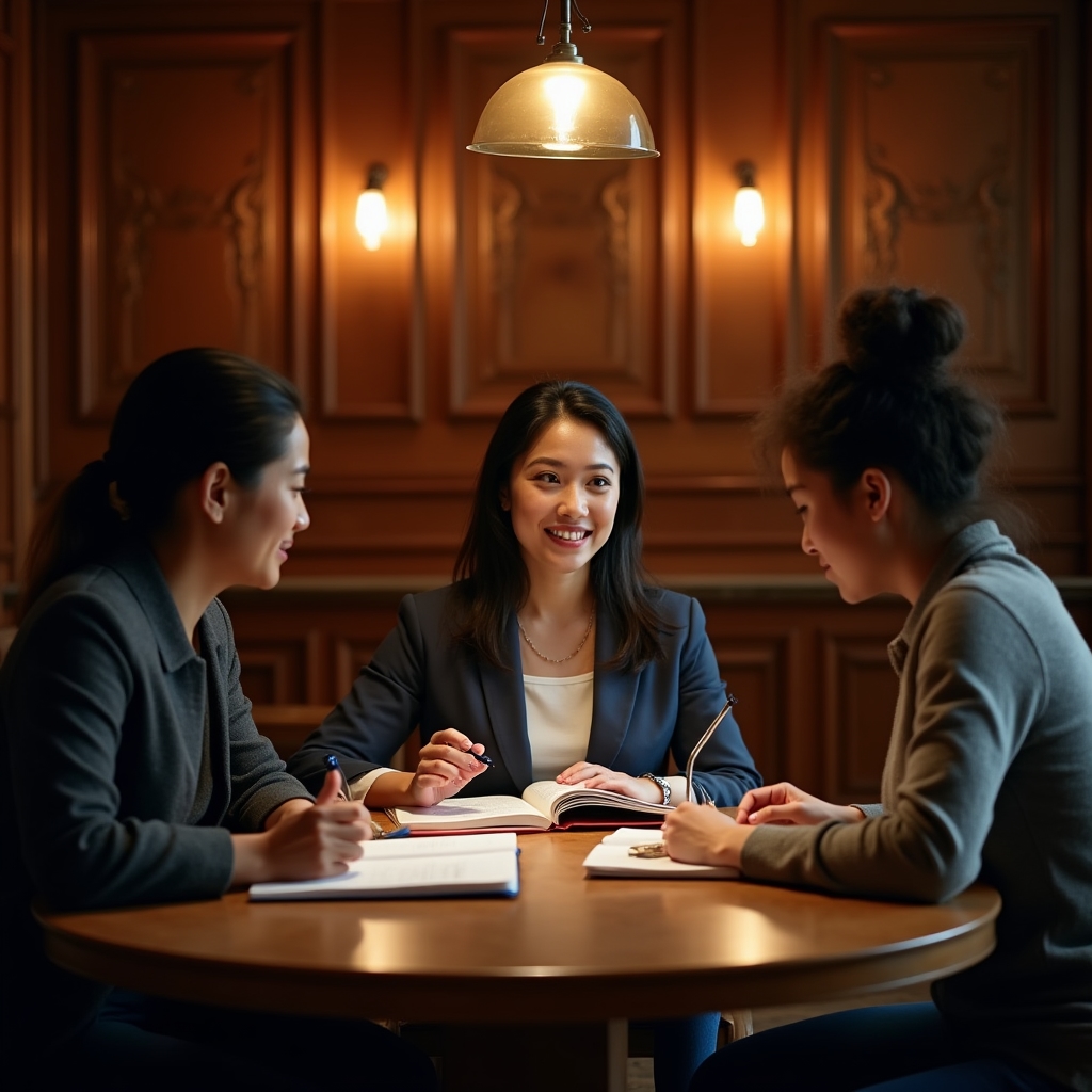 Three young professionals from diverse backgrounds seated around a round table with open books and laptops in a warm-lit wood-paneled room