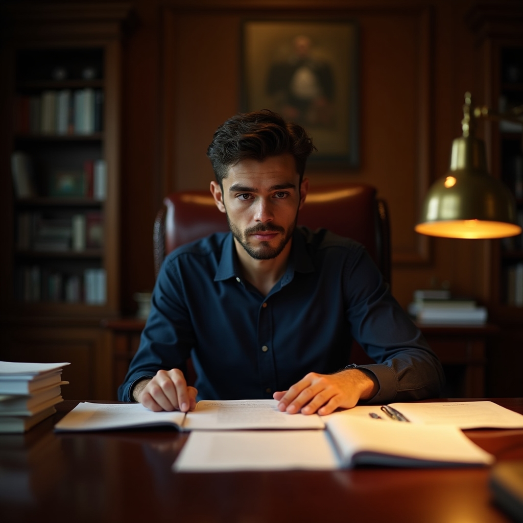 Person reflecting on financial decisions at a wooden desk with warm lamp light
