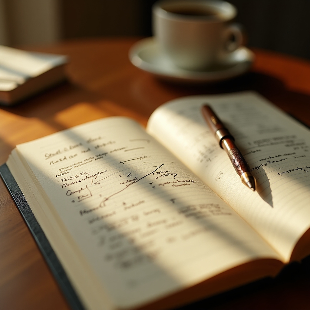 Close-up of a notebook with financial notes and a pen resting beside it, warm golden light