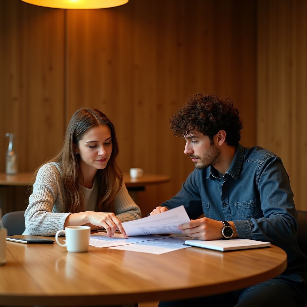 Two professionals in their late twenties reviewing documents together at a wooden table with warm overhead lighting