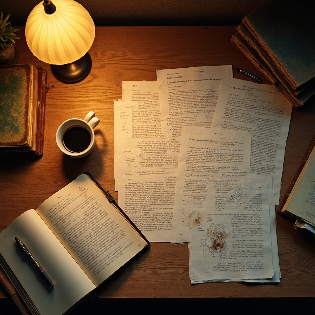 Overhead view of a cluttered desk with financial papers, a coffee cup, and handwritten notes in warm amber light