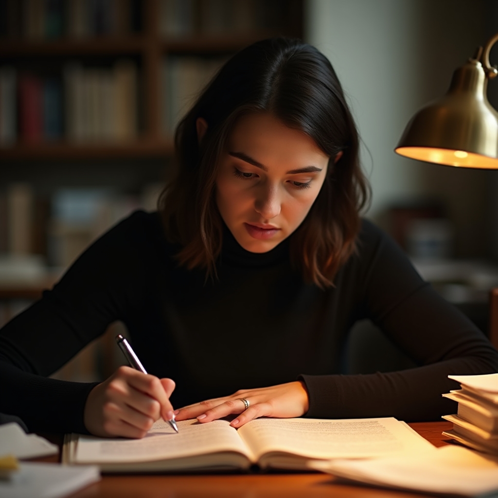 Young woman in her late twenties with dark hair reviewing research notes at a desk with books and warm lamp light