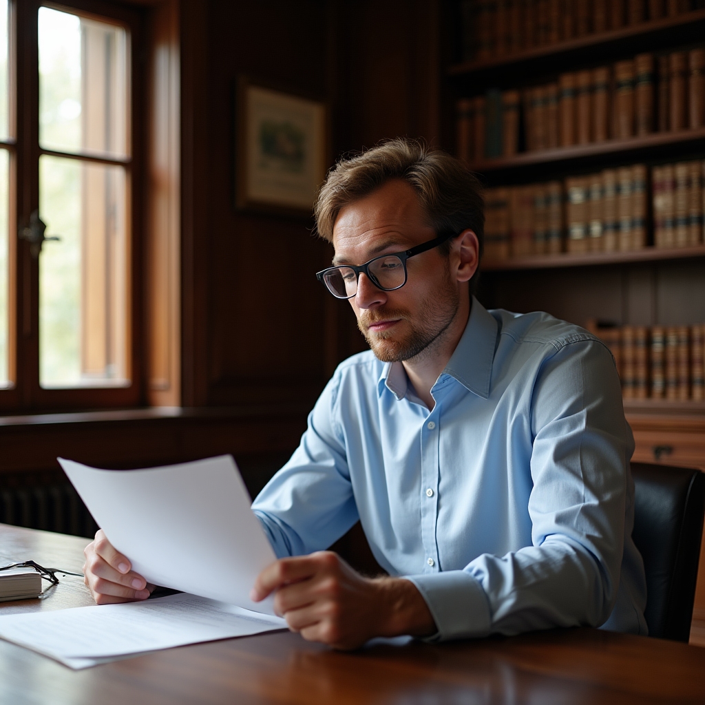 Man in his late twenties with light brown hair and glasses reading a research document at a classic wood-paneled office desk