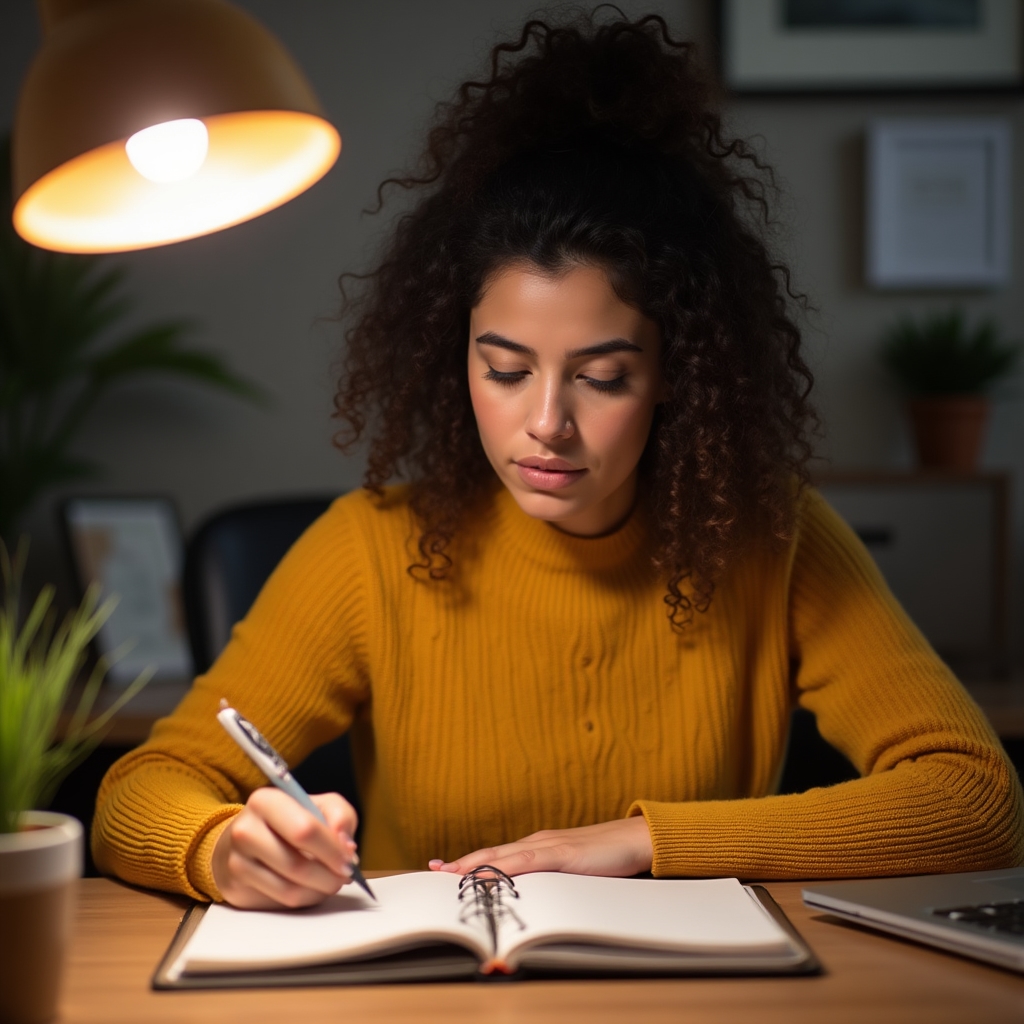 Young woman with curly hair writing in a structured planner at a warm-lit wooden desk with a calm, focused expression