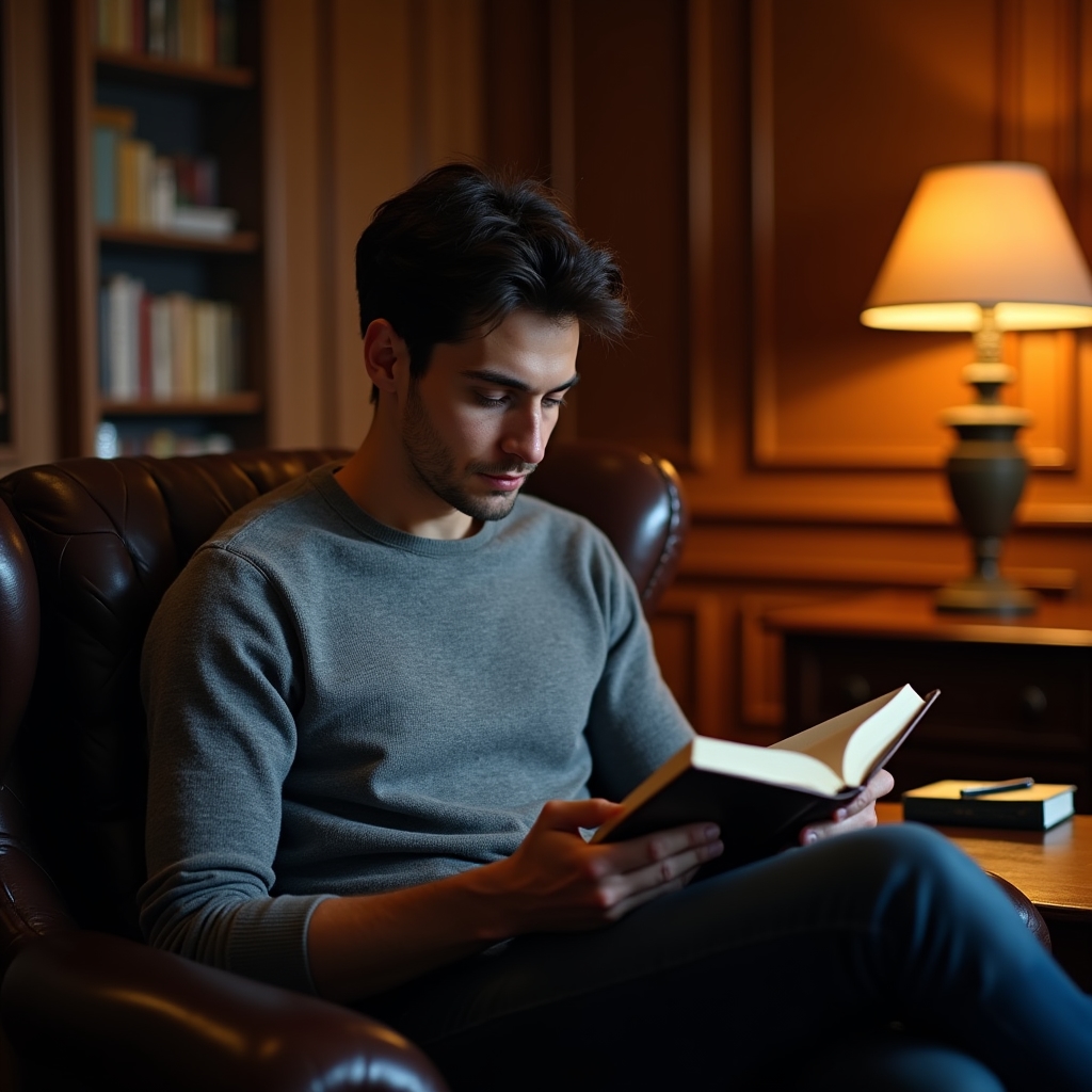 Man in his late twenties with short dark hair sitting in a leather armchair reading a book with a calm, contemplative expression in a warm wood-paneled room